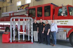 Cottage Grove Fire Department Fire Chief Rick Redenius (middle left) and and Cottage Grove Fire Department Deputy Fire Chief PJ McMahon (middle right) receive a Ram Air T4-MU Gear Dryer from Lance Dornn of Ram Air (far right) and Scott Bakos of Jefferson Fire (far left), Ram Air’s authorized dealer for Minnesota. The gear dryer was awarded to the Cottage Grove Fire Department as part of Ram Air’s 2017 Hometown Heroes Gear Dryer Giveaway. Cottage Grove Fire Department Fire Chief Rick Redenius (middle left) and and Cottage Grove Fire Department Deputy Fire Chief PJ McMahon (middle right) receive a Ram Air T4-MU Gear Dryer from Lance Dornn of Ram Air (far right) and Scott Bakos of Jefferson Fire (far left), Ram Air’s authorized dealer for Minnesota. The gear dryer was awarded to the Cottage Grove Fire Department as part of Ram Air’s 2017 Hometown Heroes Gear Dryer Giveaway.