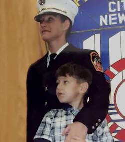 Marianne Monahan with her son Matthew Fiorito in her early days as an FDNY firefighter. Marianne Monahan with her son Matthew Fiorito in her early days as an FDNY firefighter.