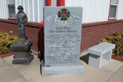 Three memorials, including a bench and a firefighter statue, are located outside the West Volunteer Fire Department's station. Three memorials, including a bench and a firefighter statue, are located outside the West Volunteer Fire Department's station.
