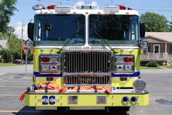 The steel bumper on this Seagrave pumper has a full reinforcement channel behind to protect the cab and crew. Note the location of the handrails just below the windshield. The steel bumper on this Seagrave pumper has a full reinforcement channel behind to protect the cab and crew. Note the location of the handrails just below the windshield.