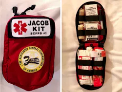 The JACOB Kit contains a CAT tourniquet, two chest seals, bandages and medical gloves. These life-saving tools are not only beneficial for the teachers and staff in the school, but also provides for additional resources that are prepositioned onsite within the building for emergency workers to use. The JACOB Kit contains a CAT tourniquet, two chest seals, bandages and medical gloves. These life-saving tools are not only beneficial for the teachers and staff in the school, but also provides for additional resources that are prepositioned onsite within the building for emergency workers to use.