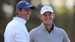 Brockton, MA, firefighter Matt Parziale, right, shares a laugh with professional golfer Rory McIlroy during a practice round for the Masters on April 2, 2018, in Augusta, GA. Brockton, MA, firefighter Matt Parziale, right, shares a laugh with professional golfer Rory McIlroy during a practice round for the Masters on April 2, 2018, in Augusta, GA.