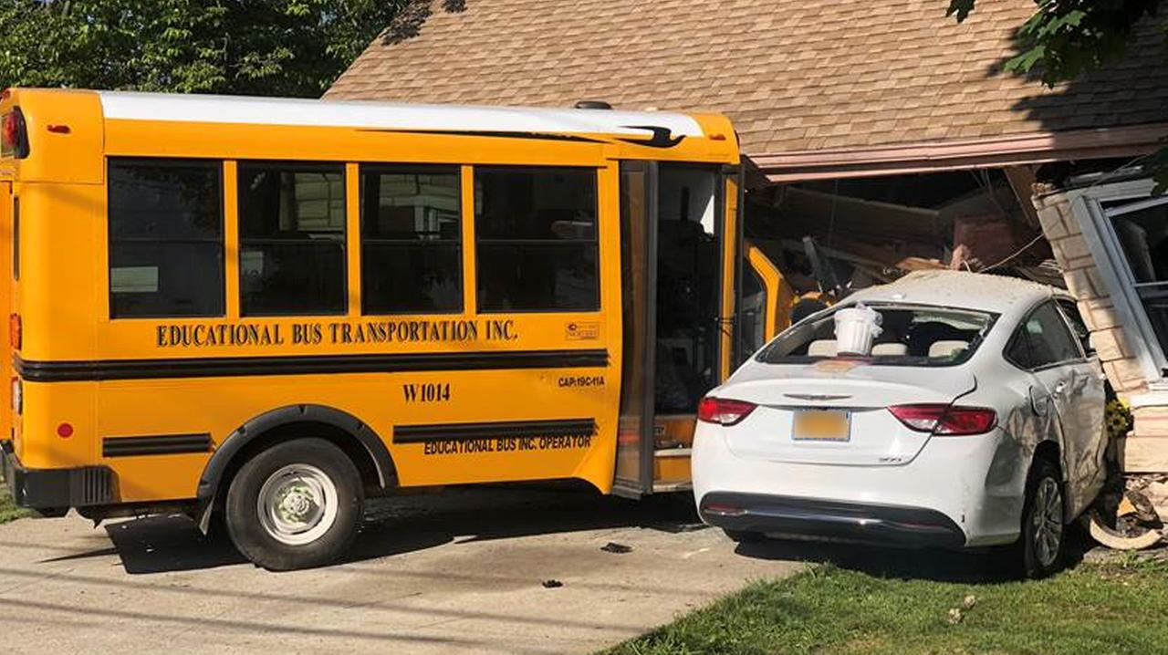 The aftermath of a school bus crash in Amityville, NY, on Tuesday, June 12, 2018, that left five children with minor injuries.