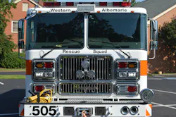This heavy rescue from the Western Albemarle, VA, Rescue Squad was designed with a reinforced steel front bumper with a down-view mirror over the right side of the upper cab. This heavy rescue from the Western Albemarle, VA, Rescue Squad was designed with a reinforced steel front bumper with a down-view mirror over the right side of the upper cab.