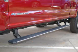 This lightweight, deployable running board, found on a 2018 Ford F-350, folds up underneath the vehicle when it is being driven and deploys to this position as passengers get in or out of the truck. It will not adequately support the weight of the truck so this running board should be not be used for stabilization. Photos by Ron Moore This lightweight, deployable running board, found on a 2018 Ford F-350, folds up underneath the vehicle when it is being driven and deploys to this position as passengers get in or out of the truck. It will not adequately support the weight of the truck so this running board should be not be used for stabilization. Photos by Ron Moore