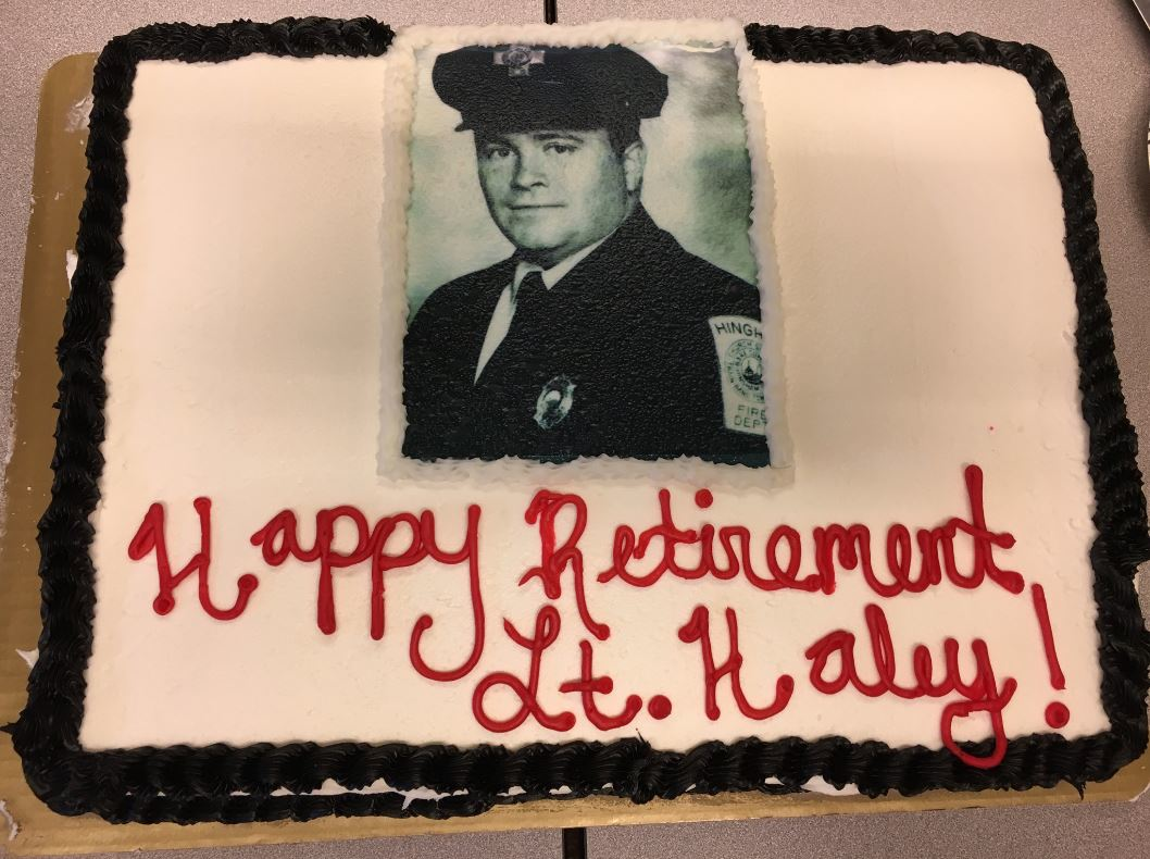 A cake presented to retiring Hingham fire Lt. John Haley on June 29, 2018.