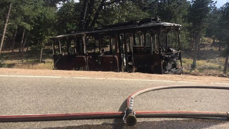 A trolley that burst into flames while ferrying a wedding party to a ceremony in Lyons, CO, on Saturday, Aug. 25, 2018.