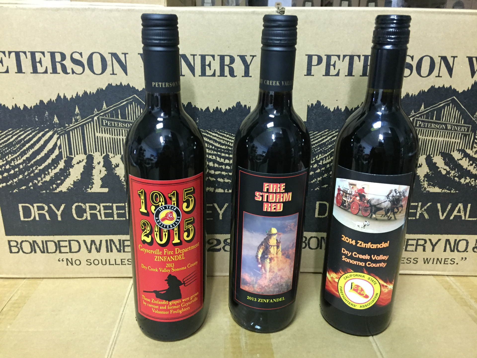 Three special edition wines produced by Peterson Winery to support various fire service activities and efforts.