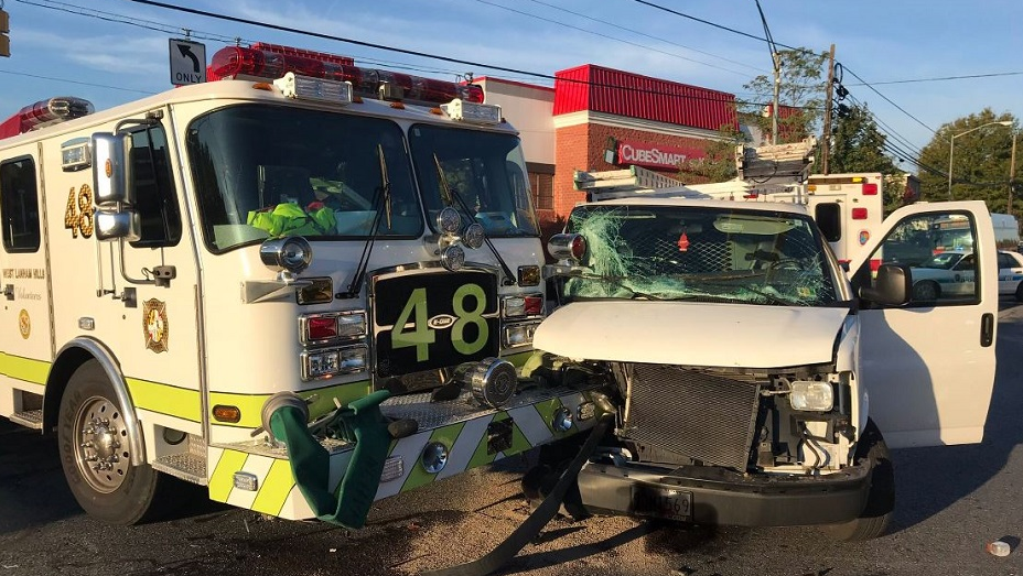 A Prince George's County, MD, fire apparatus after colliding with a van on Wednesday, Oct. 31, 2018.