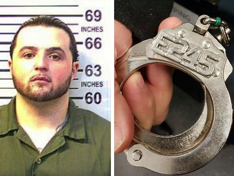 New York City police used these special handcuffs &mdash; in honor of slain FDNY firefighter Faizal Coto of Engine 245 &mdash; on Joseph Desmond (left).