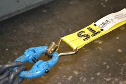 The twin hooks at both ends of the ratchet units were attached to the blue clevis links of the test machine for each destructive test. These hooks were properly loaded into the throat of the hook with the backs of the steel hooks facing downward towards the concrete floor. Photos by Ron Moore The twin hooks at both ends of the ratchet units were attached to the blue clevis links of the test machine for each destructive test. These hooks were properly loaded into the throat of the hook with the backs of the steel hooks facing downward towards the concrete floor. Photos by Ron Moore