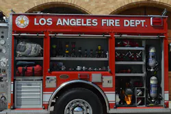 Engine 27 of the Los Angeles City Fire Department carries an assortment of appliances and hand tools. Note the two breathing apparatus carried in the left-side rearmost compartment. Engine 27 of the Los Angeles City Fire Department carries an assortment of appliances and hand tools. Note the two breathing apparatus carried in the left-side rearmost compartment.