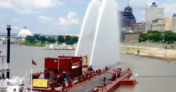 The department’s 120-foot fire barge is retrofitted with fire suppression pumps and equipment to combat fires on the Mississippi River and on-shore facilities in and around the Port of Memphis and President’s Island. The department’s 120-foot fire barge is retrofitted with fire suppression pumps and equipment to combat fires on the Mississippi River and on-shore facilities in and around the Port of Memphis and President’s Island.
