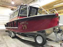 The Duluth Fire Department’s 32-foot V-hull fire and rescue craft, named Marine 19, will be featured at the Lake Assault Boats booth #9133 at the Fire Department Instructors Conference (FDIC) Exhibition. The craft is shown here in final preparation for its journey to Indianapolis. The Duluth Fire Department’s 32-foot V-hull fire and rescue craft, named Marine 19, will be featured at the Lake Assault Boats booth #9133 at the Fire Department Instructors Conference (FDIC) Exhibition. The craft is shown here in final preparation for its journey to Indianapolis.