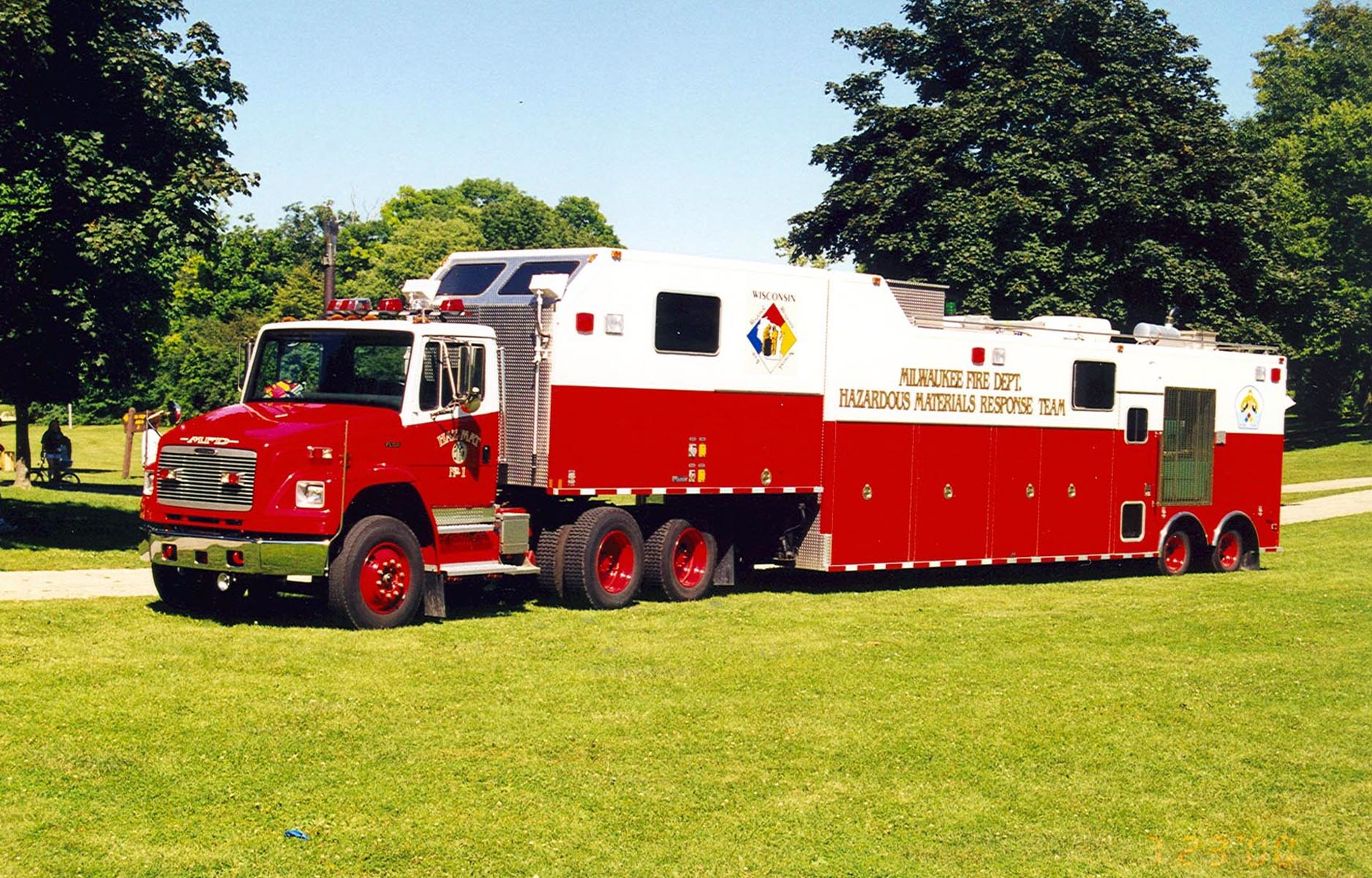 Hazmat 1 is a 1997 Freightliner tractor with a Marion trailer heavy-duty rescue body.