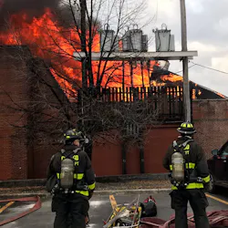 Chicago firefighters battled a five-alarm blaze at a processed food factory Tuesday night. Chicago firefighters battled a five-alarm blaze at a processed food factory Tuesday night.