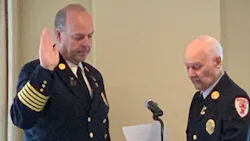 Needham, MA, Fire Chief Dennis Condon (left) is sworn in Tuesday as the new president of the Fire Chiefs Association of Massachusetts. Needham, MA, Fire Chief Dennis Condon (left) is sworn in Tuesday as the new president of the Fire Chiefs Association of Massachusetts.
