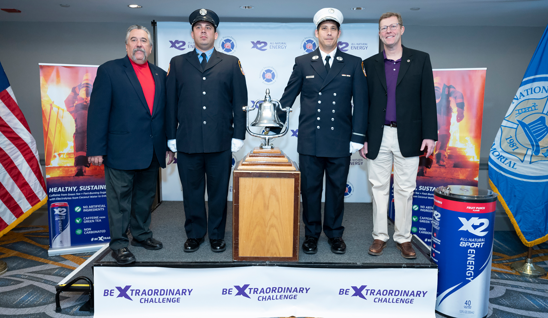 Pictured (from left) Chief Ronald J. Siarnicki, Executive Director of the National Fallen Firefighters Foundation, Two members of the FDNY Ceremonial Unit, and Jon London, Chief Marketing Officer, X2 All-Natural Energy Drink.
