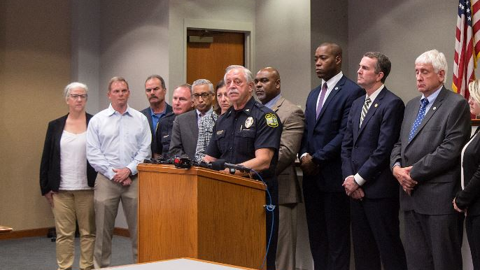 Flanked by city and state officials, Virginia Beach Police Chief James Cervera speaks during a press conference regarding the Virginia Beach Municipal Center shooting on Friday, May 31, 2019.