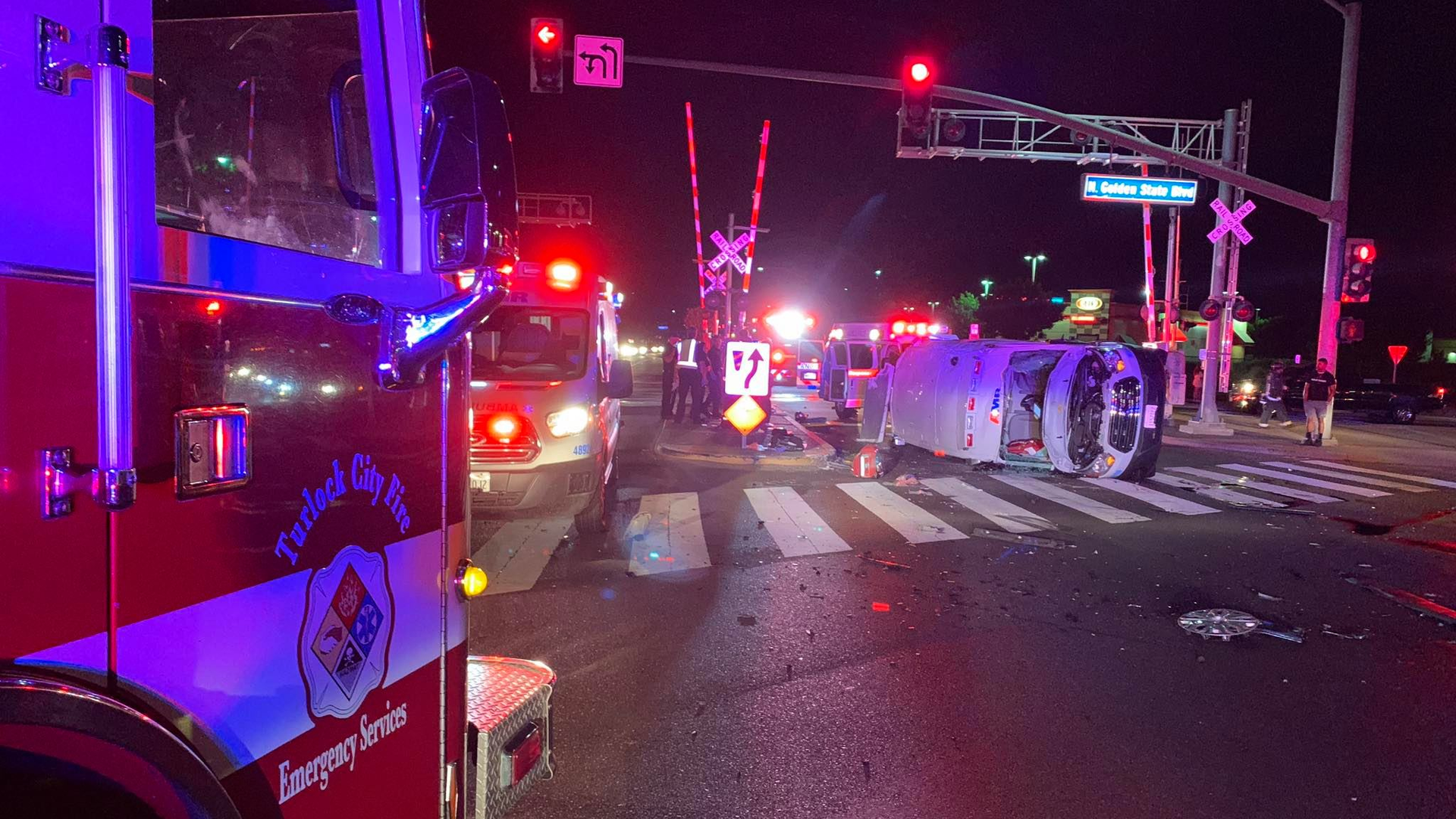One person was killed and five people&mdash;including two Turlock, CA, firefighters&mdash;were injured when an ambulance was broadsided by a pickup truck Thursday in Turlock.