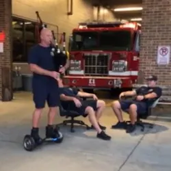 Nashville, TN, firefighter Tim Mathes aka 'the HoverPiper' plays the bagpipe while riding a hoverboard. Nashville, TN, firefighter Tim Mathes aka 'the HoverPiper' plays the bagpipe while riding a hoverboard.
