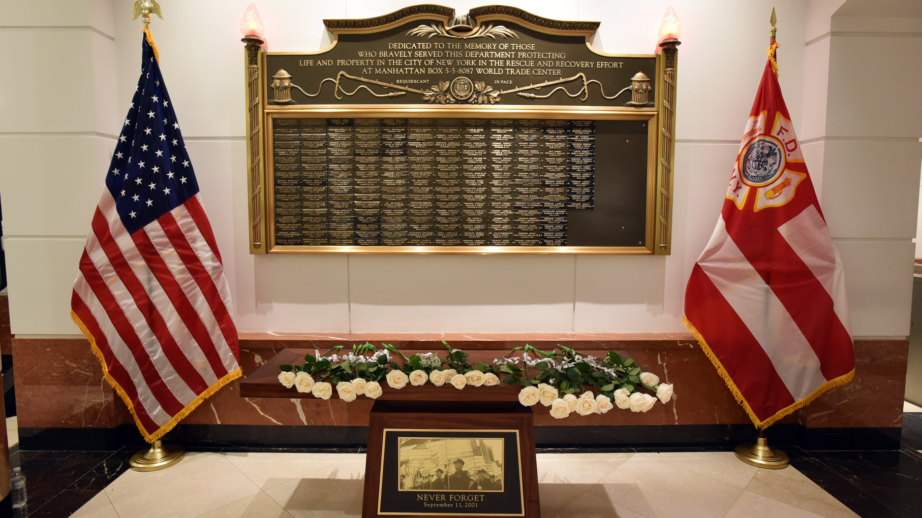 FDNY's 9/11 Memorial Wall. The department added 22 names to the wall last week.