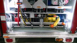 The department made efficient use of the compartment space on this KME rescue engine with mounting for multiple hydraulic, electric and air reels. Note the captive stainless-steel rollers on each reel and at the edge of the door opening. The department made efficient use of the compartment space on this KME rescue engine with mounting for multiple hydraulic, electric and air reels. Note the captive stainless-steel rollers on each reel and at the edge of the door opening.