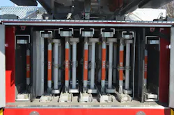 Tower 32 from the Progress Fire Company in Pennsylvania carries multiple extension and ground ladders. Note the ladder length marked on the rungs for easy identification. Tower 32 from the Progress Fire Company in Pennsylvania carries multiple extension and ground ladders. Note the ladder length marked on the rungs for easy identification.