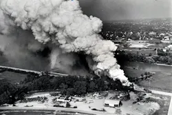 Several holes developed in the tank during the impact of the Miamisburg derailment and the water started leaking off causing the phosphorus to be exposed to air and it ignited. (Courtesy of Special Collections & Archives, Wright State University) Several holes developed in the tank during the impact of the Miamisburg derailment and the water started leaking off causing the phosphorus to be exposed to air and it ignited. (Courtesy of Special Collections & Archives, Wright State University)