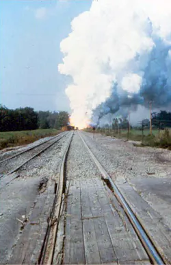 Incident vantage point from the original command post on a bridge south of the derailment. (Courtesy Miami Valley Fire District). Incident vantage point from the original command post on a bridge south of the derailment. (Courtesy Miami Valley Fire District).