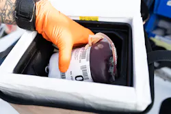 Whole blood in its cooler container prior to being administered. Whole blood in its cooler container prior to being administered.