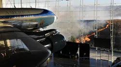 President Ronald Reagan's Air Force One sits on display at the Reagan Library as the Easy fire burns in the hills in Simi Valley, CA, on Wednesday. President Ronald Reagan's Air Force One sits on display at the Reagan Library as the Easy fire burns in the hills in Simi Valley, CA, on Wednesday.