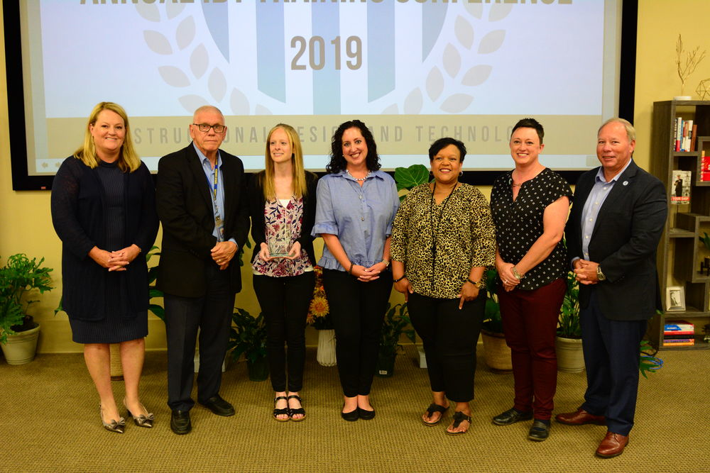 Left to Right: Dayna Fuller, director of instructional design technology; John Willey, Ph.D., dean of faculty development, services and support; Jackie Pica, instructional designer II; Carey Smouse, Blackboard, Inc., account executive; Freda Braddock, Ed.D., program director, behavioral science & orientation; Cheryl Kula, instructional designer II; Kenneth Styron, president, Columbia Southern University.