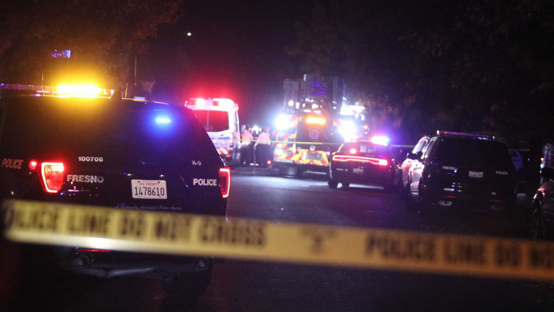 Police and emergency vehicles were on the scene of a mass shooting Sunday in southeast Fresno, CA. At least four people were killed and six others wounded.