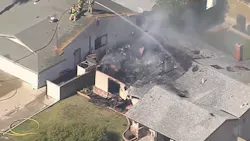 San Bernardino County, CA. firefighters battled a blaze Thursday at a single-story Upland home after a small airplane reportedly crashed into it. San Bernardino County, CA. firefighters battled a blaze Thursday at a single-story Upland home after a small airplane reportedly crashed into it.