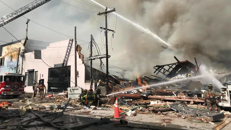 The scene of a gas explosion and fire in downtown Durham, NC, on April 10, 2019.