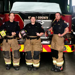 Capt. Elizabeth Hawkins (right) leads Glynn County, GA, Fire Rescue Department's all-female fire engine crew, which includes firefighter/EMTs Syndal Tillotson (left) and Brianna Depp. Capt. Elizabeth Hawkins (right) leads Glynn County, GA, Fire Rescue Department's all-female fire engine crew, which includes firefighter/EMTs Syndal Tillotson (left) and Brianna Depp.