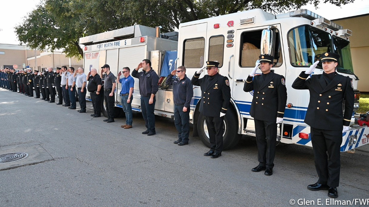 Firefighters and police officers from various agencies provided an escort for and saluted the bodies of Lubbock, TX, Fire Lt. Eric Hill and police officer Nicholas Reyna in Fort Worth.