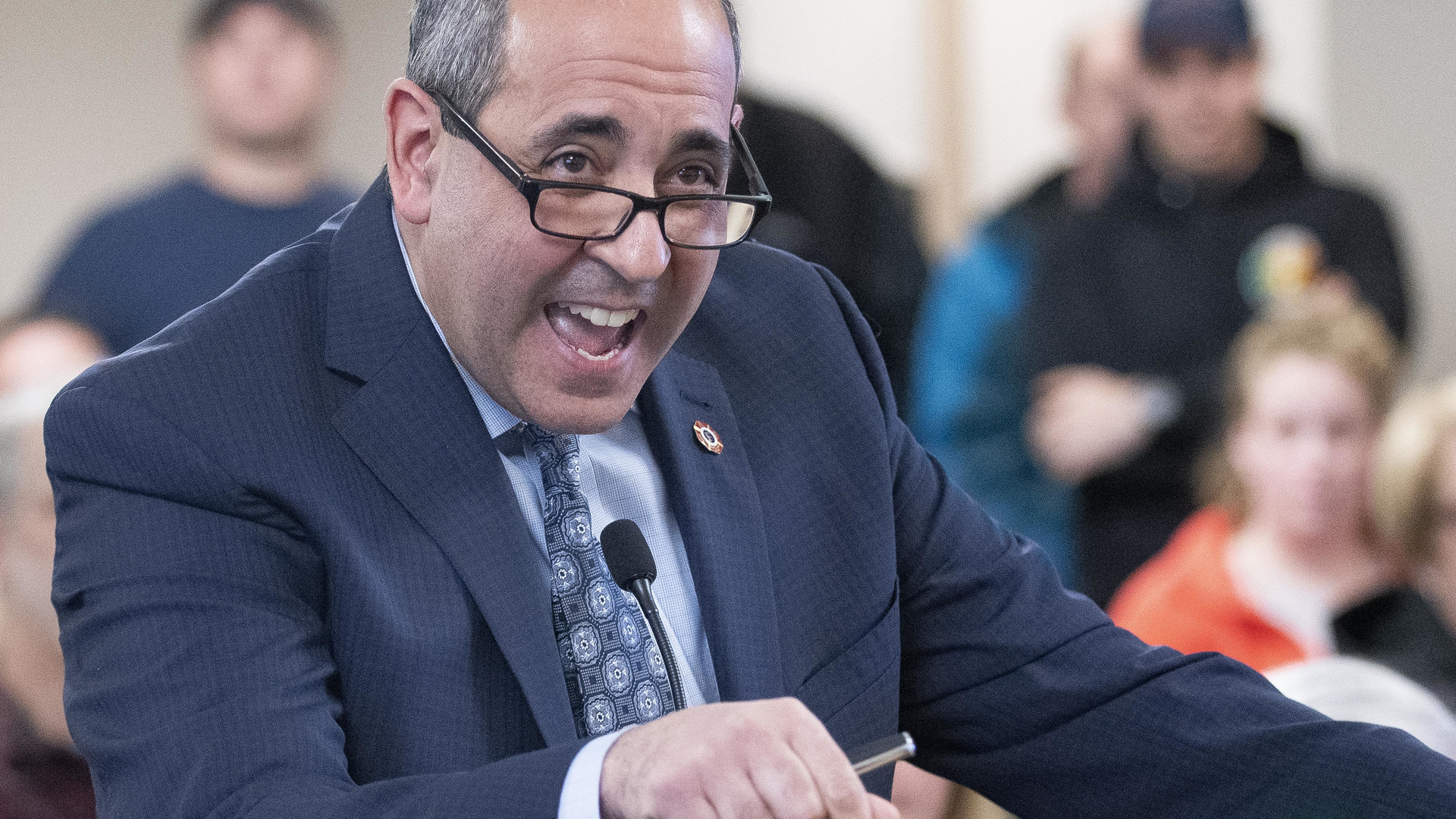 Rhode Island State Association of Fire Fighters President Joseph A. Andriole addresses the Middletown Town Council Monday.
