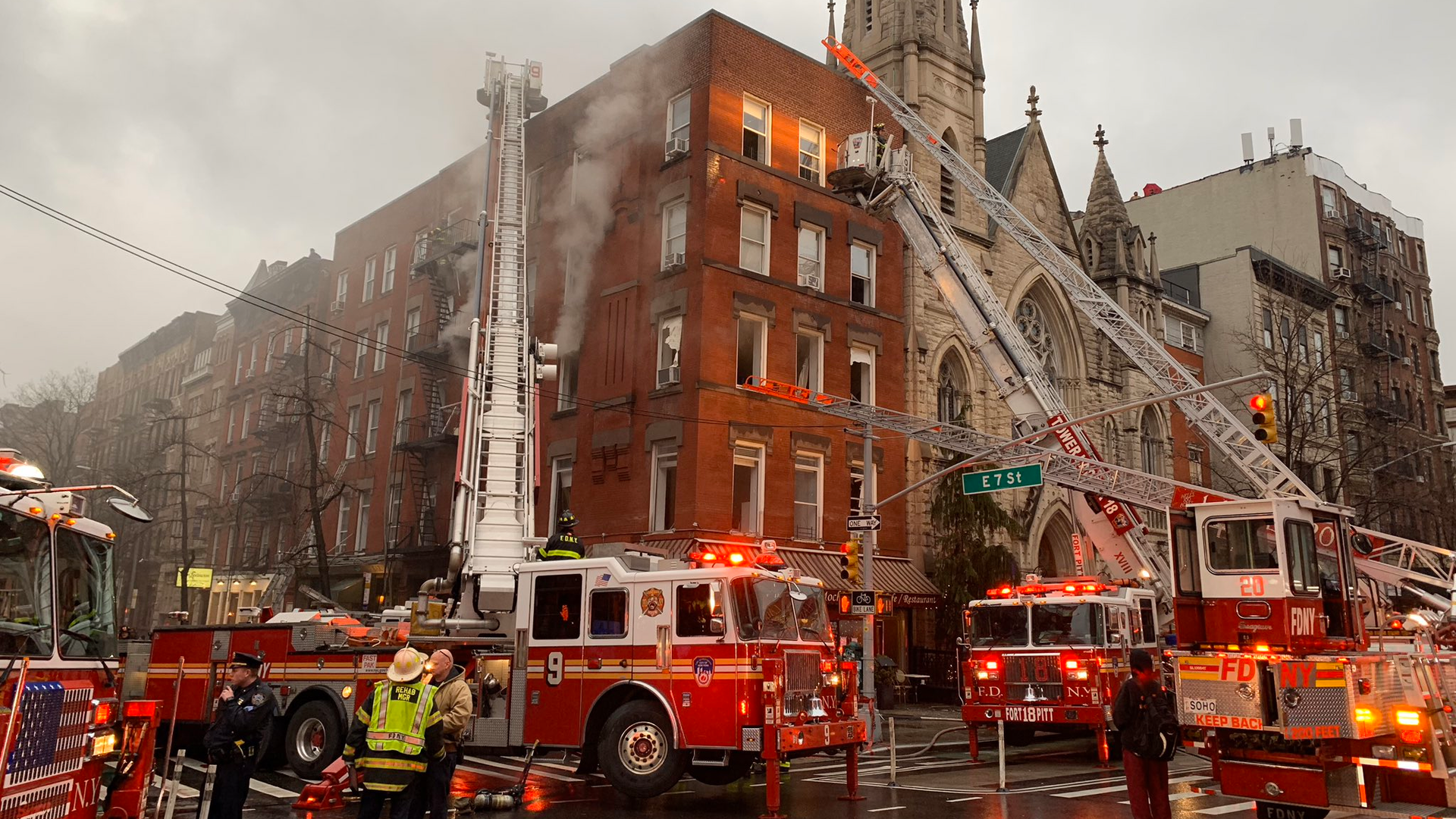 Five FDNY firefighters were injured&mdash;one seriously&mdash;while battling a three-alarm blaze that broke out at a five-story apartment building Monday.