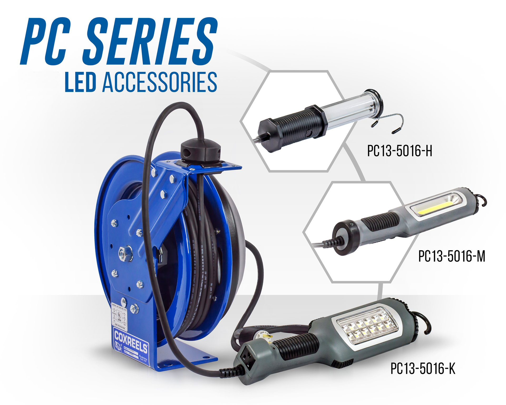 The new line of Coxreels industrial duty LED lights for the PC13 include a 50,000-hour rating, internal light diffusers, and shatter-resistant polycarbonate lenses.