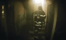 Smiley and his fellow members of Rescue 23 made their way up the interior stairs. As he passed the hoseline, he thought it still was dry, which made him believe that the incident was a smoldering bedroom fire. Smiley and his fellow members of Rescue 23 made their way up the interior stairs. As he passed the hoseline, he thought it still was dry, which made him believe that the incident was a smoldering bedroom fire.