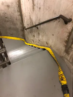 When attacking a fire in a multifamily dwelling, one must consider 50 feet of house to stretch up/down one floor. When attacking a fire in a multifamily dwelling, one must consider 50 feet of house to stretch up/down one floor.