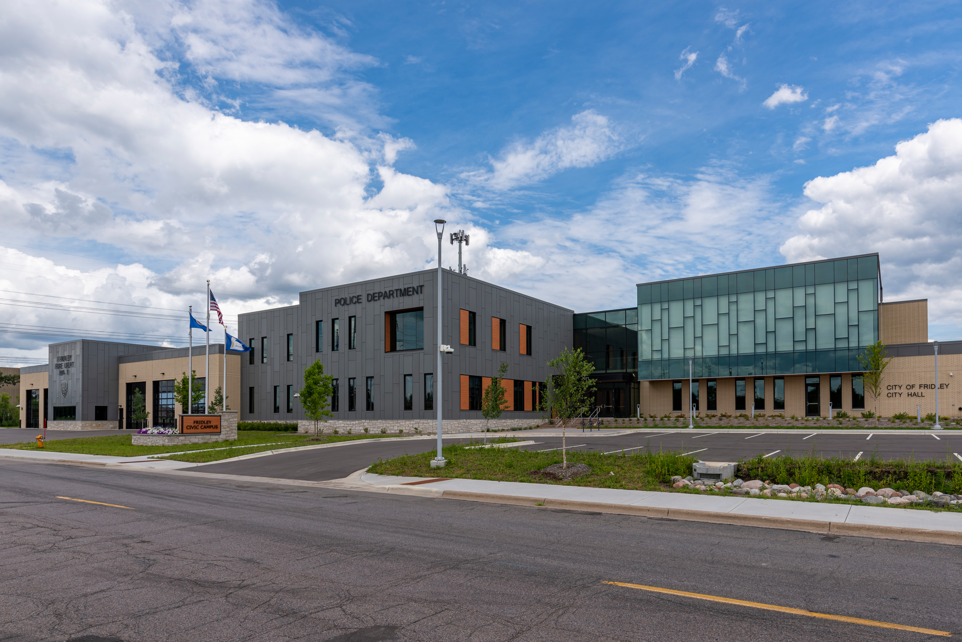 The Fridley, MN, Civic Campus, which was completed in late 2018 and cost $44.5 million to construct, combines a volunteer fire station, a police station, city administration, the city manager&rsquo;s office and several other community departments.