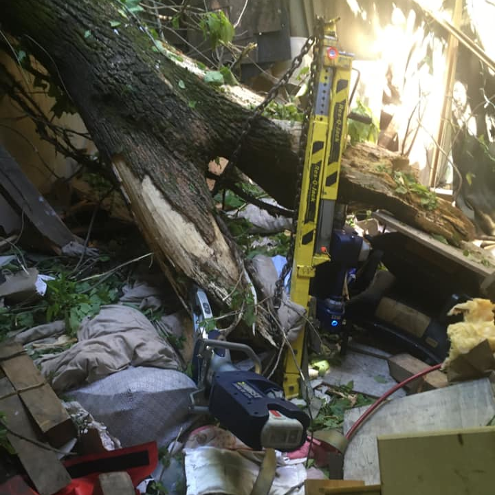 Chattanooga, TN, firefighters needed to stabilize a fallen tree and the floor underneath it so that they could shore the floor from the basement and lift the tree enough to slide a mother and daughter out.