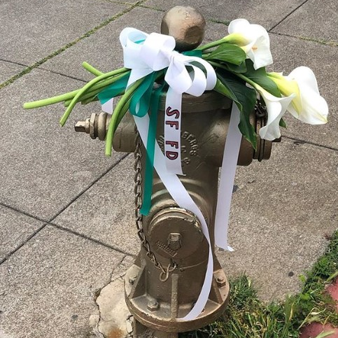 Flowers adorn the fire hydrant at 20th and Church streets, where San Francisco firefighters continuously pumped water for three days to save the Mission District from out-of-control blazes following the 1906 earthquake.