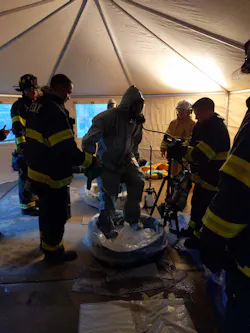 Dry decon’s minimal amount of water makes it ideal for decontamination in cold weather and on upper floors of high-rise incidents. Dry decon’s minimal amount of water makes it ideal for decontamination in cold weather and on upper floors of high-rise incidents.