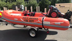 North Andover firefighters took their three boats to a lake for training when a part broke, throwing two firefighters into the water. North Andover firefighters took their three boats to a lake for training when a part broke, throwing two firefighters into the water.