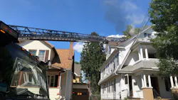 Two Springfield, MA, firefighters were burned while ventilating a burning three-story house Monday. Two Springfield, MA, firefighters were burned while ventilating a burning three-story house Monday.
