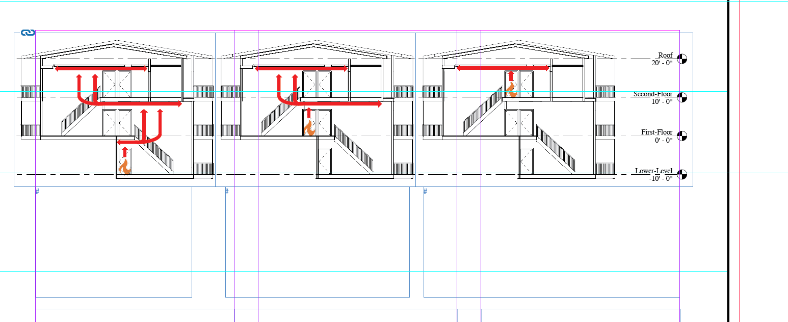 The path of travel of smoke within the stairwell of an apartment building that included garden units varied based on the level of the apartment of origin (left: garden; center: first floor; right: second floor).
